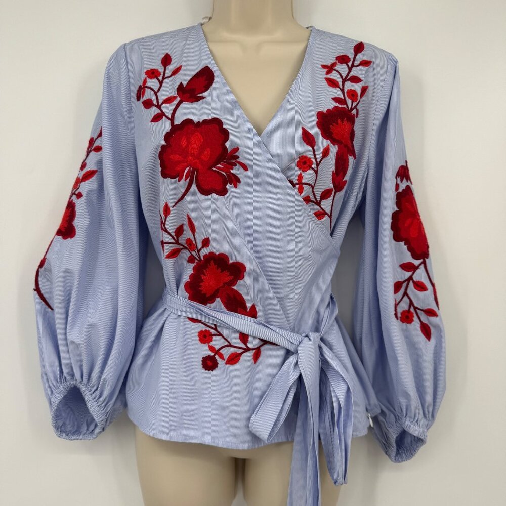 INC International Concepts Embroidered Wrap Top woman’s size small petite bishop